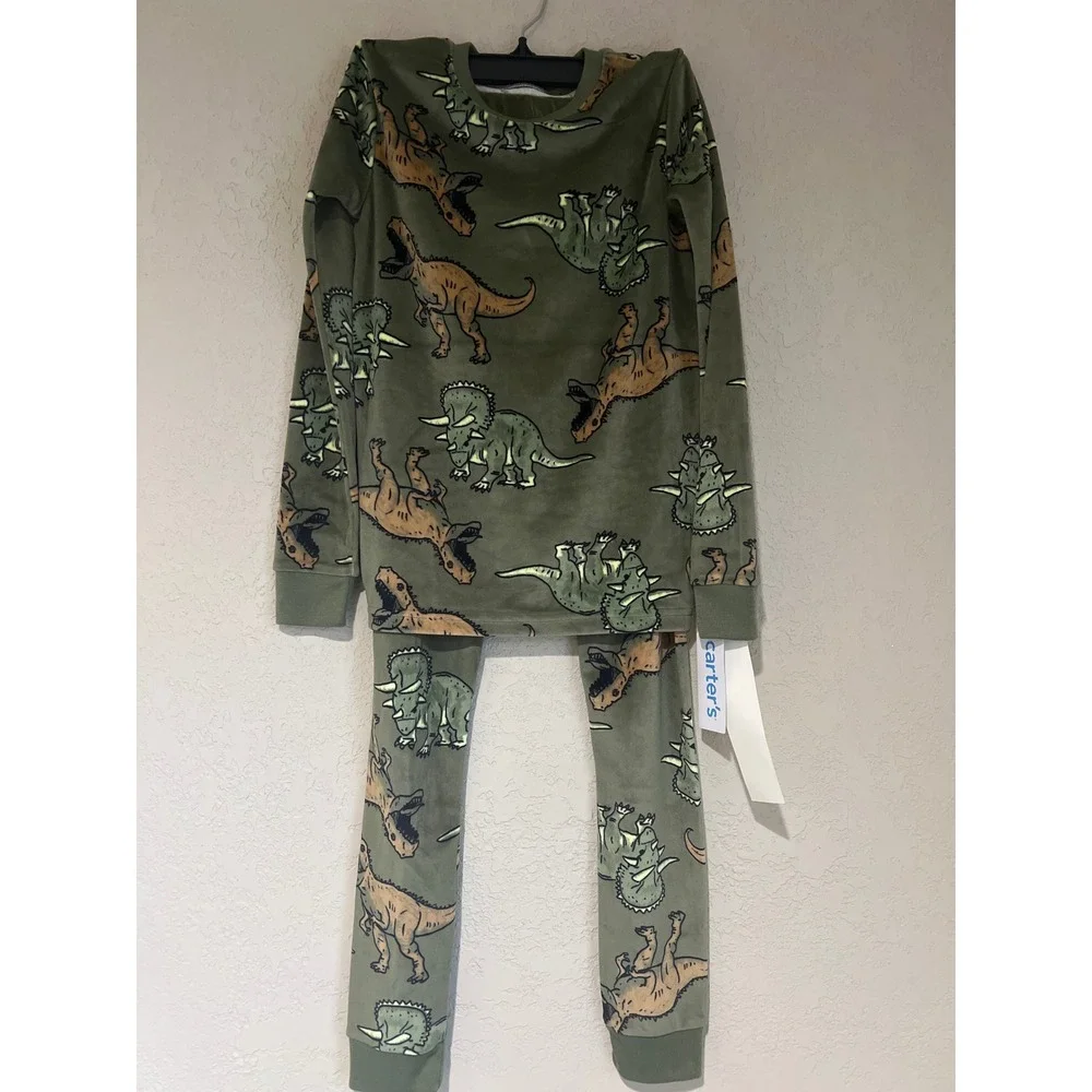 Carter's Dinosaur Pajama Set Boys‎ Size 12 Green New Fleece Long Sleeve PJs